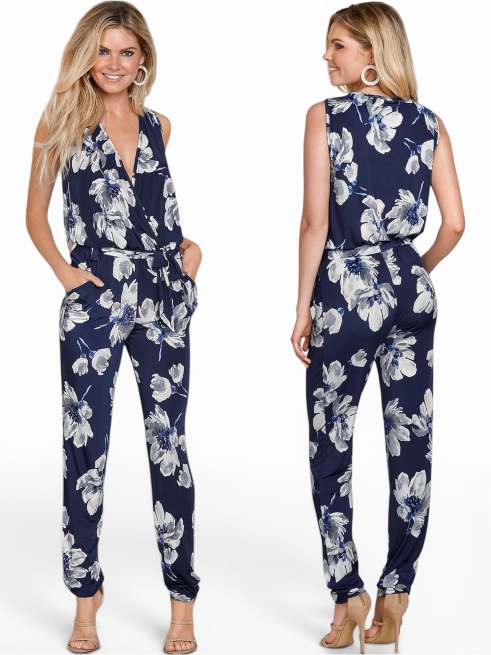 VENUS-Sleeveless Navy Floral Jumpsuit with Tie Waist